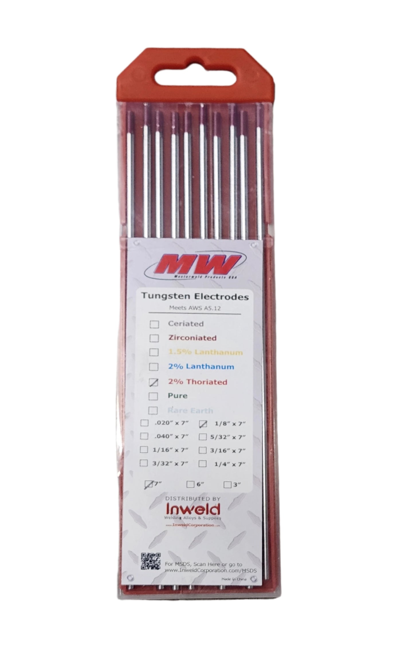 Tungsten Electrodes - 2% Thoriated 1/8" x 7" by Inweld