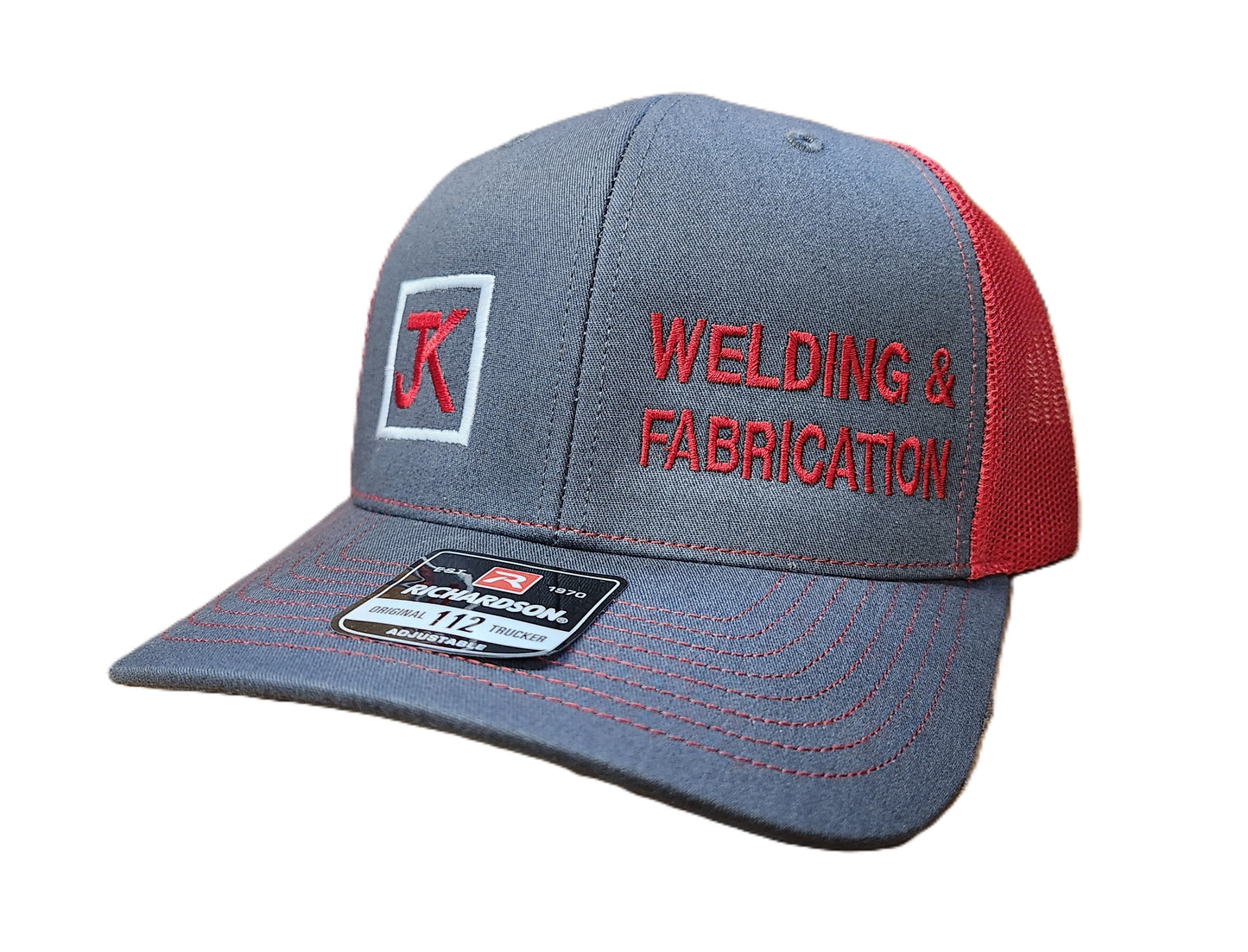 JK Richardson 112 Hat - Charcoal Panel Red Mesh LOGO and "Welding & Fab"
